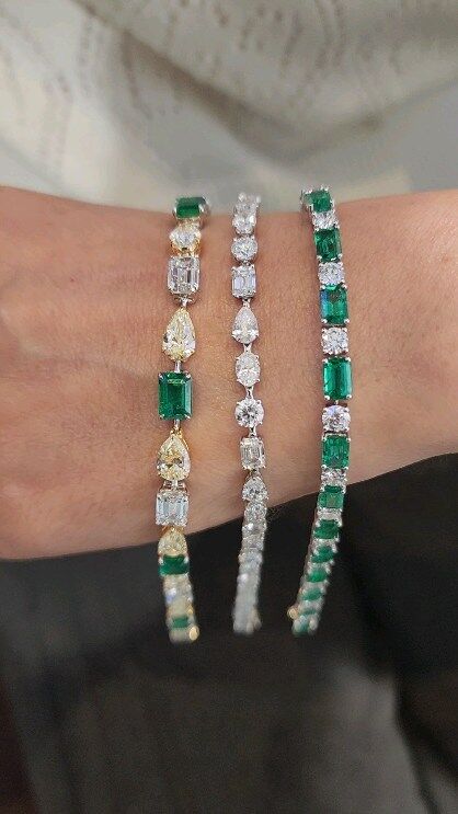 Multishape tennis bracelets in emeralds, white diamonds, and yellow diamonds. 😍